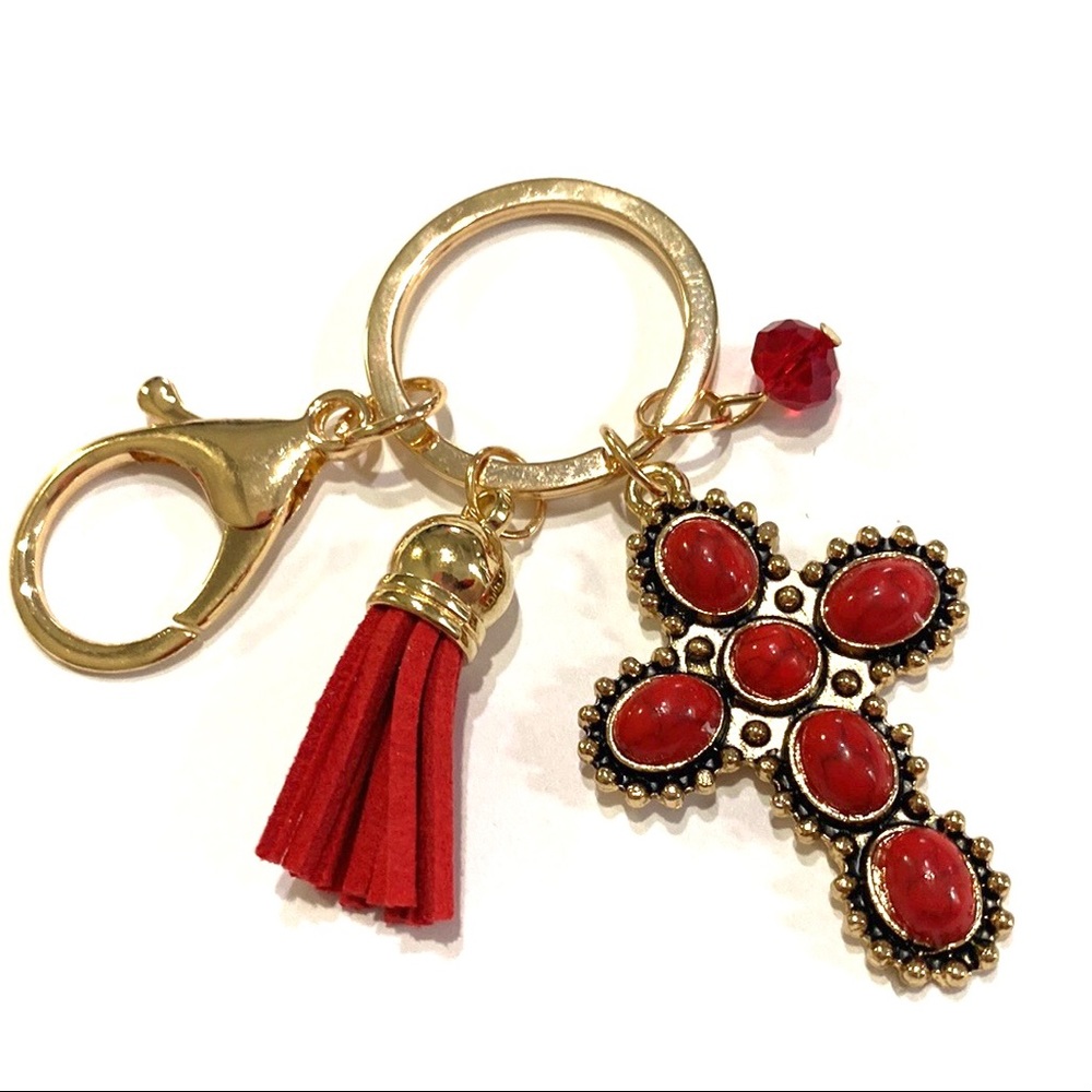 Religious Cross Keychain Purse Charm Red Gold Tone Tassel - Picture 2 of 4